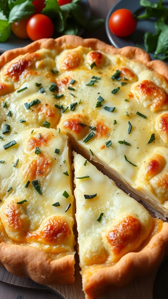 A golden brown three cheese quiche sliced into wedges, garnished with herbs, on a wooden table with a salad.